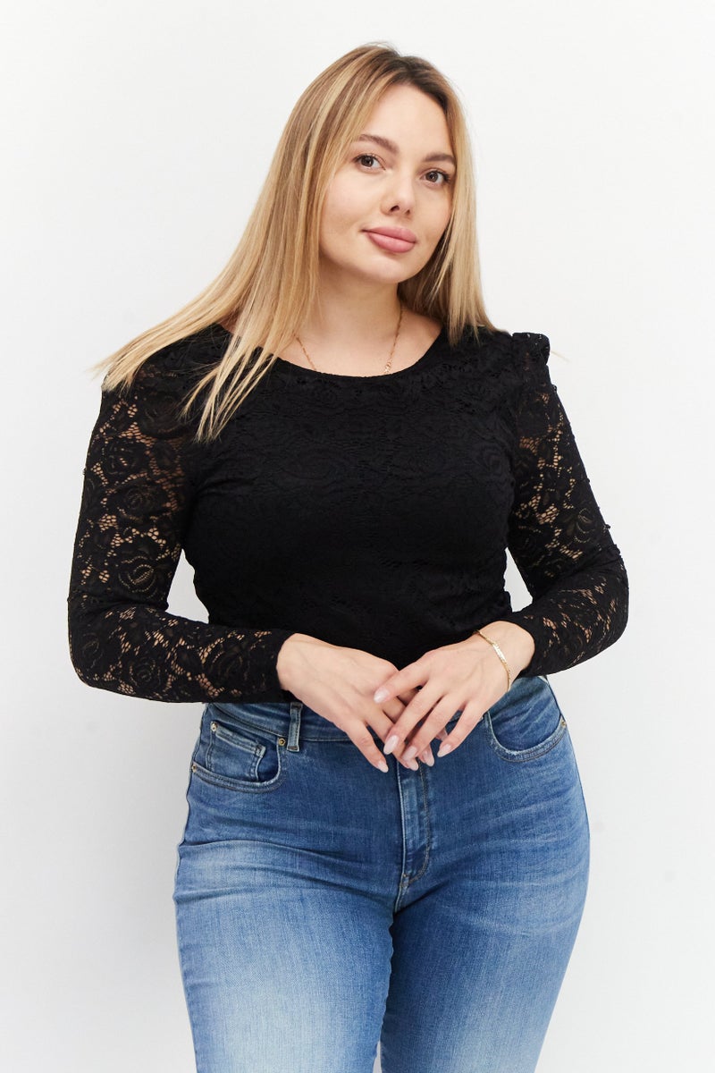 NA-KD Women Scoop Neck Long Sleeve Textured Bodysuit, Black - Image 1