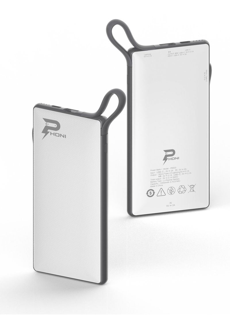 Phoni - Phoni 6 in 1 Power Station 10,000 mAh with Built-in Cable to Charge Multiple Devices - White - Image 1