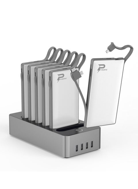 Phoni 6 in 1 Power Station 10,000 mAh with Built-in Cable to Charge Multiple Devices - White