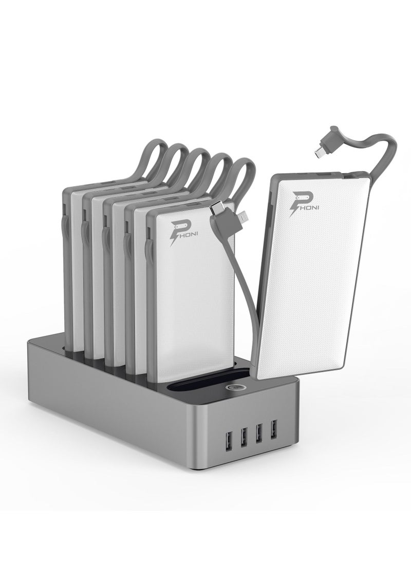 Phoni - Phoni 6 in 1 Power Station 10,000 mAh with Built-in Cable to Charge Multiple Devices - White - Image 1