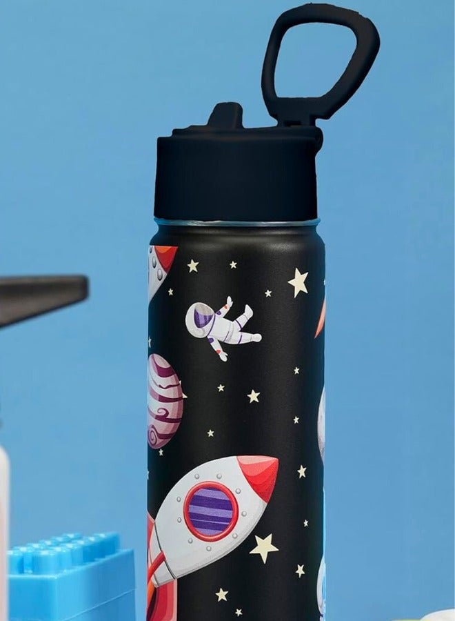 Chase Up Kids Water Bottle with Straw Lid – 550ml Stainless Steel, Double Wall Insulated, BPA-Free, Leak-Proof Bottle for School & Toddlers (BLACK SPACE) - Image 2
