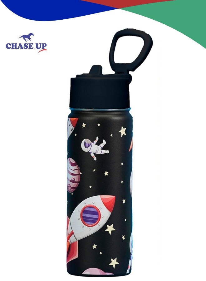 Chase Up Kids Water Bottle with Straw Lid – 550ml Stainless Steel, Double Wall Insulated, BPA-Free, Leak-Proof Bottle for School & Toddlers (BLACK SPACE) - Image 1