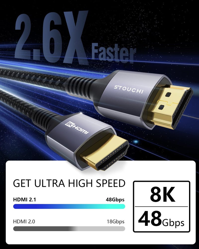 Stouchi كابلات HDMI eARC من Stouchi بطول 10FT/3M (معتمدة) بسرعة عالية 48Gbps HDMI® 2.1 كابل مضفر من النايلون 8K@60 4K120Hz 2K144Hz HDR10 4:4:4 HDCP 2.2&2.3 متوافق مع Dolby لجهاز PS5، Mac Mini M4 2024، تلفاز UHD والكمبيوتر الشخصي - Image 2