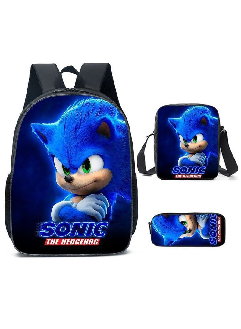 Sonic Primary School Backpack Cartoon Anime Backpack Messenger Bag Pencil Case Three-Piece Set 29*16*42cm