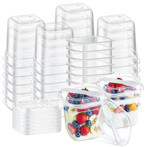 Jingmore 50 Pack 9.5oz Clear Plastic Yogurt Parfait Cups Disposable Overnight Oats Containers with Lids and Spoons Cake Fruit Jars for Food Storage Salad Ice Creams Pudding Snacks (Square Style) - Image 1