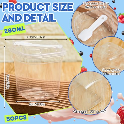 Jingmore 50 Pack 9.5oz Clear Plastic Yogurt Parfait Cups Disposable Overnight Oats Containers with Lids and Spoons Cake Fruit Jars for Food Storage Salad Ice Creams Pudding Snacks (Square Style) - Image 2
