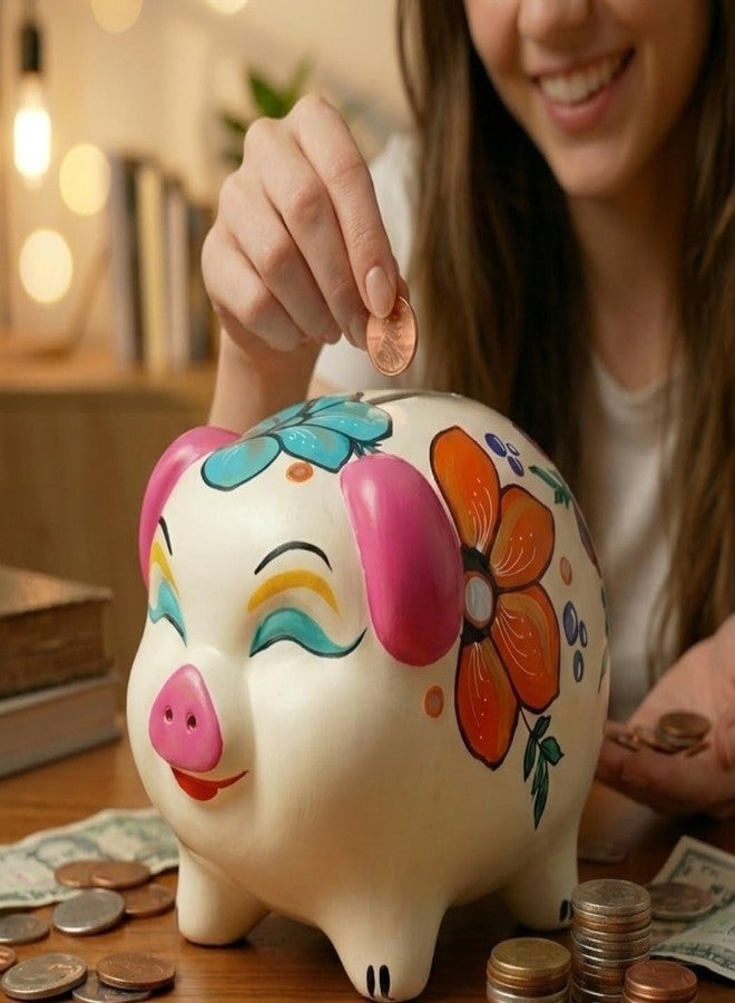 Shabana Art Potteries Ceramic Hand Painted Piggy Bank with Lock | Modern Lucky Money Bank | Piggy Bank for Womens | Mitti Ka Gullak | kiddy Bank for Boys & Girls (Without Glaze) Money Saving Box - Image 1