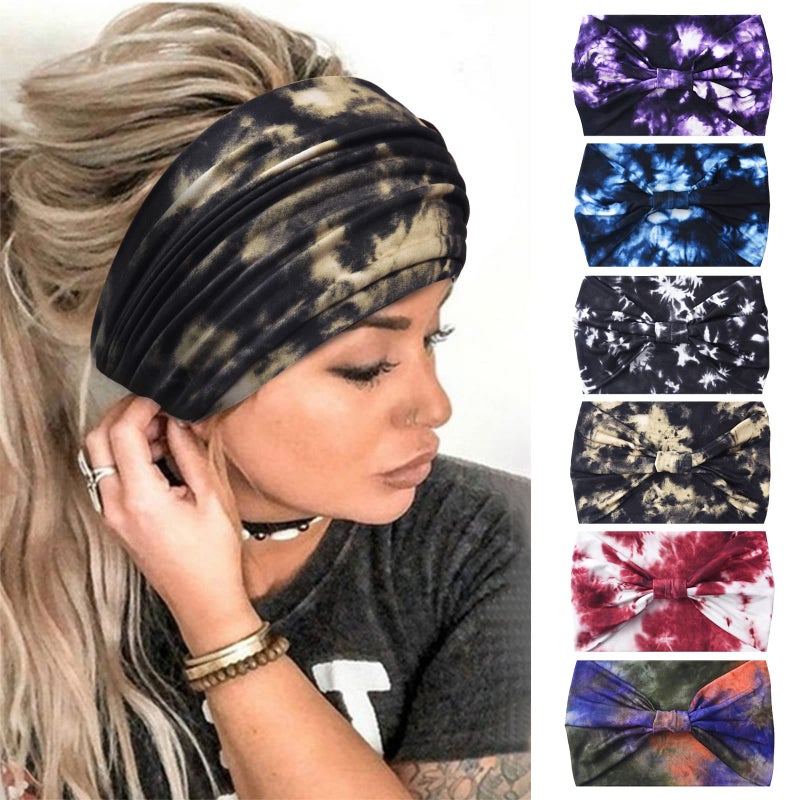 Yeshan Wide Headbands for Women Non Slip Boho Headband Elastic Tie dye Yoga Workout Sweat Bands Running Sport Hair bands,Pack of 6 - Image 1