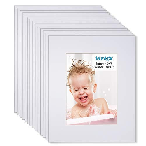 Egofine 8x10 White Picture Mats Pack of 14, Frame Mattes for 5x7 Pictures, Acid Free, 1.2mm Thickness, with Core Bevel Cut - Image 1