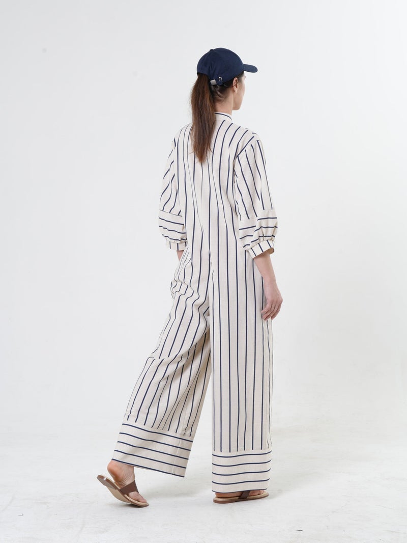 Metamorphoza Maxi Linen Jumpsuit on Blue Stripes - Image 4