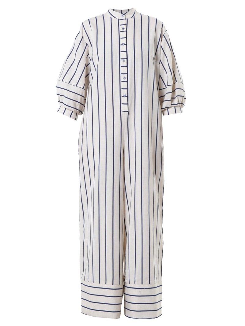 Metamorphoza Maxi Linen Jumpsuit on Blue Stripes - Image 3