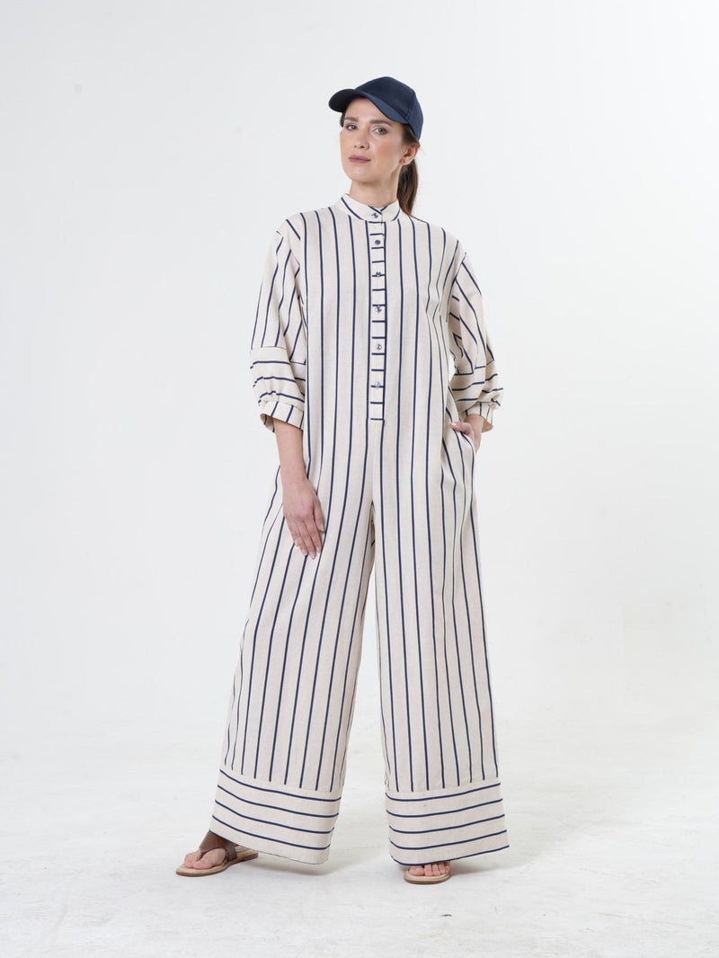 Metamorphoza Maxi Linen Jumpsuit on Blue Stripes - Image 1