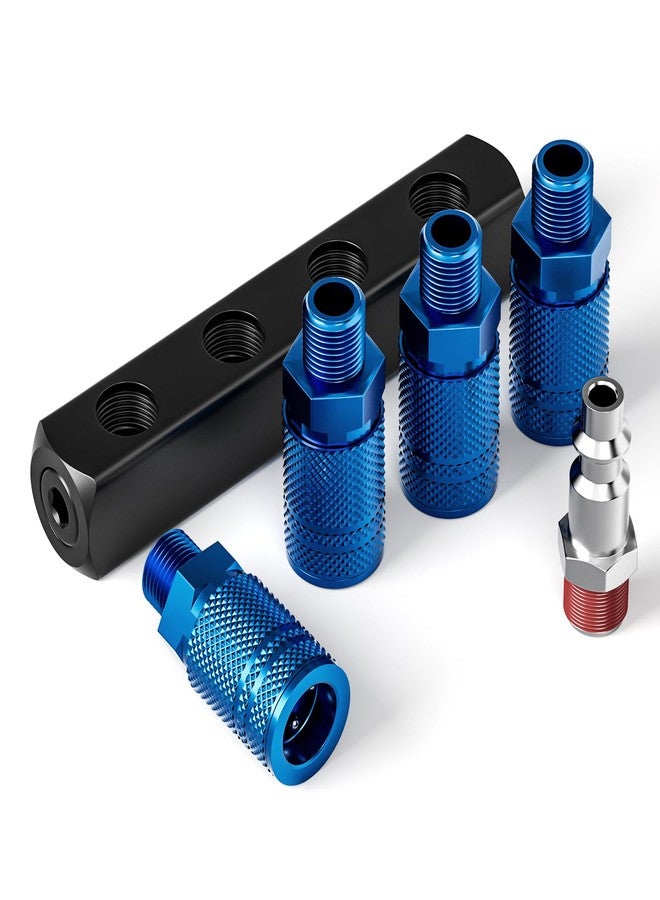 TAISHER 4-Way Straight Air Manifold 5 Ports Aluminum Industrial Pneumatic Air Compressor Quick Connect Socket In Line Type Air Hose Splitter with 4 Couplers and 1/4" Male NPT Plug - Image 2