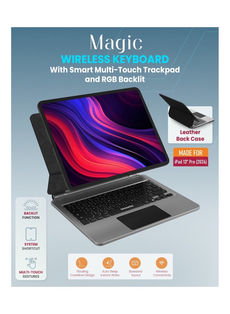 Moxedo Moxedo Magic Wireless Keyboard with Smart Multi-Touch Trackpad USB-C Charging Port RGB Backlight with Leather Back Case Compatible for iPad 13 Pro 2024  - Image 5