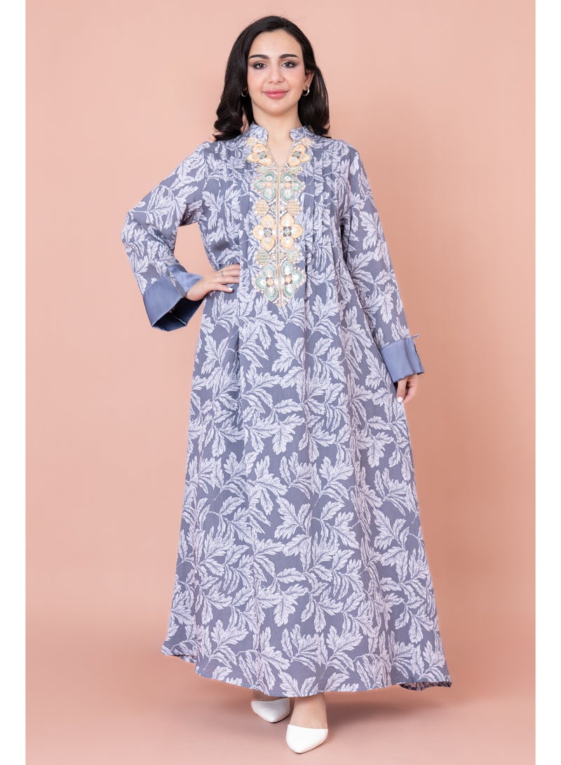 اكسا جلابية مطرزة نقوش ورق شجر - Image 1