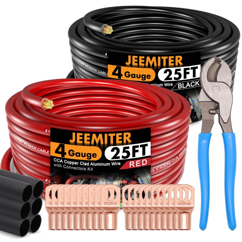 Jeemiter 4 AWG Gauge Wire CCA Automotive Wire Car Radio Amplifier PowerGround Wire Battery Cable with Lugs Terminal Connectors and Heat Shrink Tube 50FT Red Black