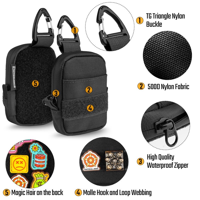 TACTICAL_GEEK TACTICAL GEEK Storage A6 Mini Size EDC Utility Pouch, Mini Coin Purse with Custom Carabiner, EDC Mini Size Pocket Organizer, Wireless Headset Pack, Key Waist Case for Daily Carry Black - Image 4