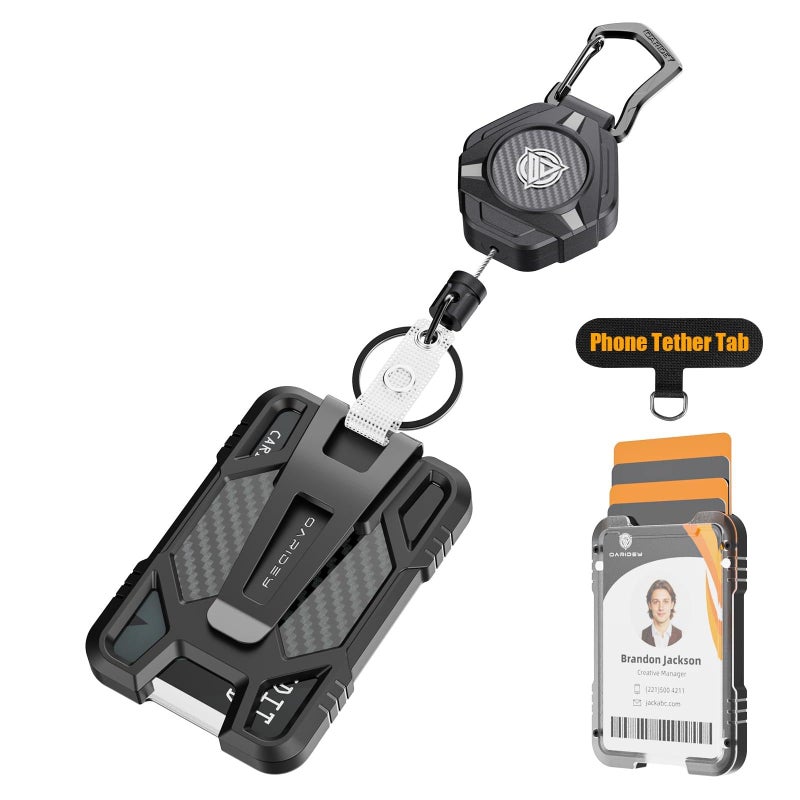 Oaridey Retractable Badge Holders, Magnetic Retractable Keychain with Carbon Fiber ID Card Holder (Holds 5 Cards), Heavy Duty Badge Reel with Phone Tether Tab, for Work and Daily Use - Image 1