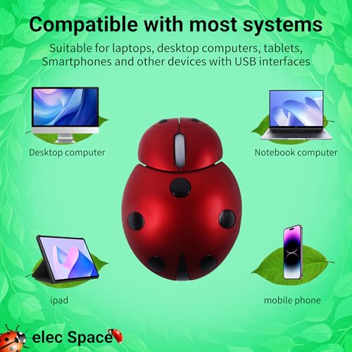 elec Space Mini Small Wireless Mouse for Kids, Cute Animal Ladybug Shape 3000DPI Portable Mobile Optical Mouse with USB Receiver Cordless Mouse for PC Mac Laptop Computer Notebook (Red) - Image 5