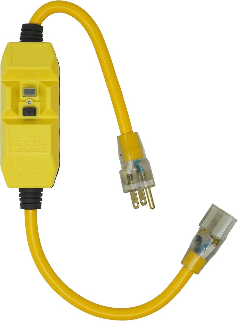Woods Yellow Jacket Heavy Duty Extension Cord with InLine GFCI 2Ft 12 Gauge 3 Conductor 15 AMP Lighted End 1 Outlet SJTW Yellow 2817  - Image 1