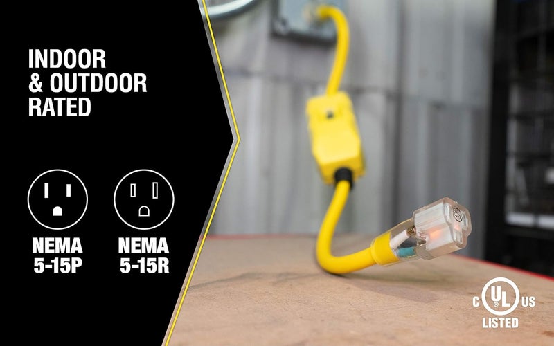 Woods Yellow Jacket Heavy Duty Extension Cord with InLine GFCI 2Ft 12 Gauge 3 Conductor 15 AMP Lighted End 1 Outlet SJTW Yellow 2817  - Image 5