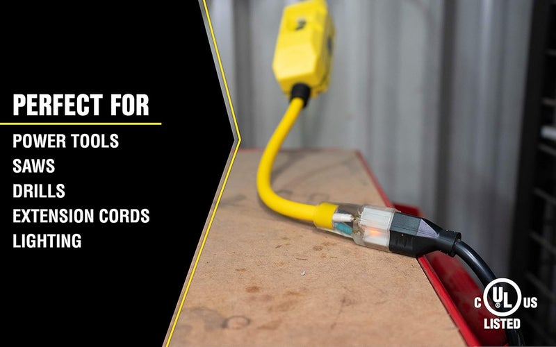 Woods Yellow Jacket Heavy Duty Extension Cord with InLine GFCI 2Ft 12 Gauge 3 Conductor 15 AMP Lighted End 1 Outlet SJTW Yellow 2817  - Image 4