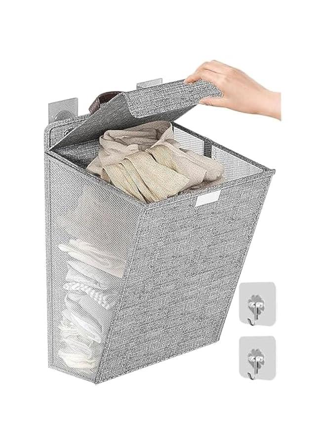 HOOKOR Wall-Mounted Collapsible Laundry Basket, Foldable Dirty Clothes Basket with Lid and Handle, Slim Hanging Laundry Hamper Laundry Bag, Large Washing Basket (Grey) - Image 1