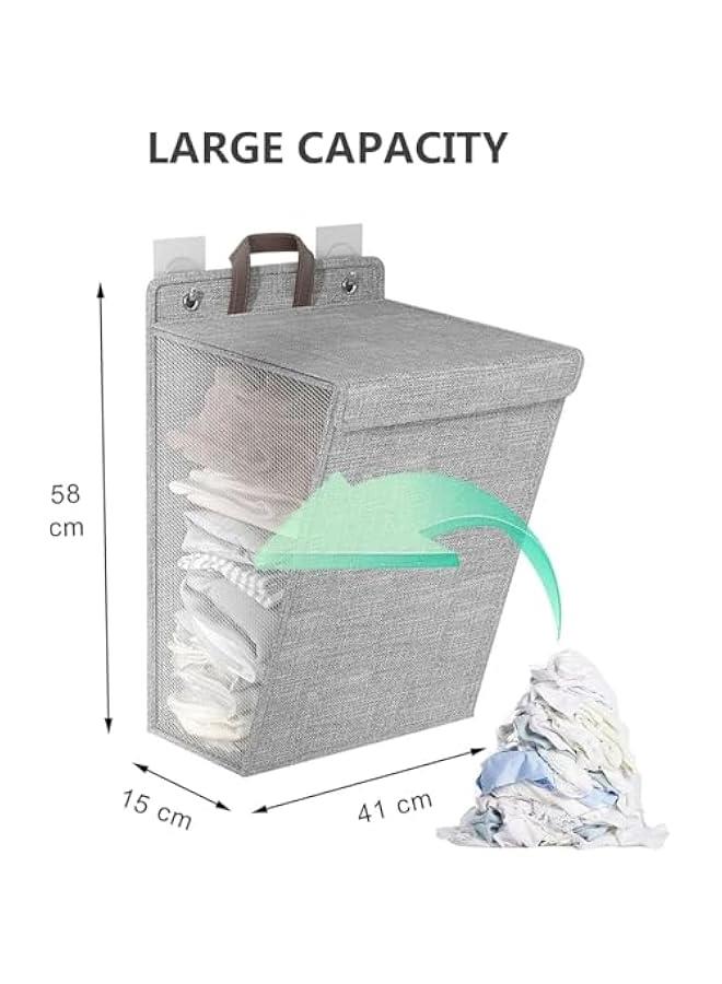 HOOKOR Wall-Mounted Collapsible Laundry Basket, Foldable Dirty Clothes Basket with Lid and Handle, Slim Hanging Laundry Hamper Laundry Bag, Large Washing Basket (Grey) - Image 2