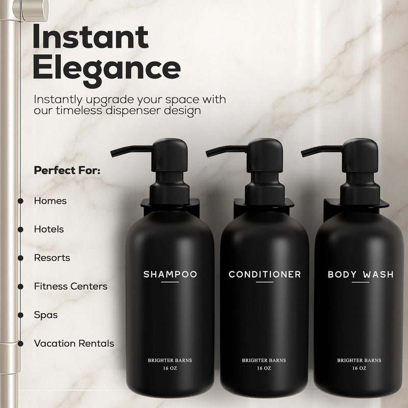 Brighter Barns Black Shampoo and Conditioner Dispenser Set Wall Mounted by - 3 Chamber No Drill Shampoo Bottles for Shower Wall - Refillable Plastic Shower Soap Dispenser for Airbnb, RV, Hotel (Black) - Image 2