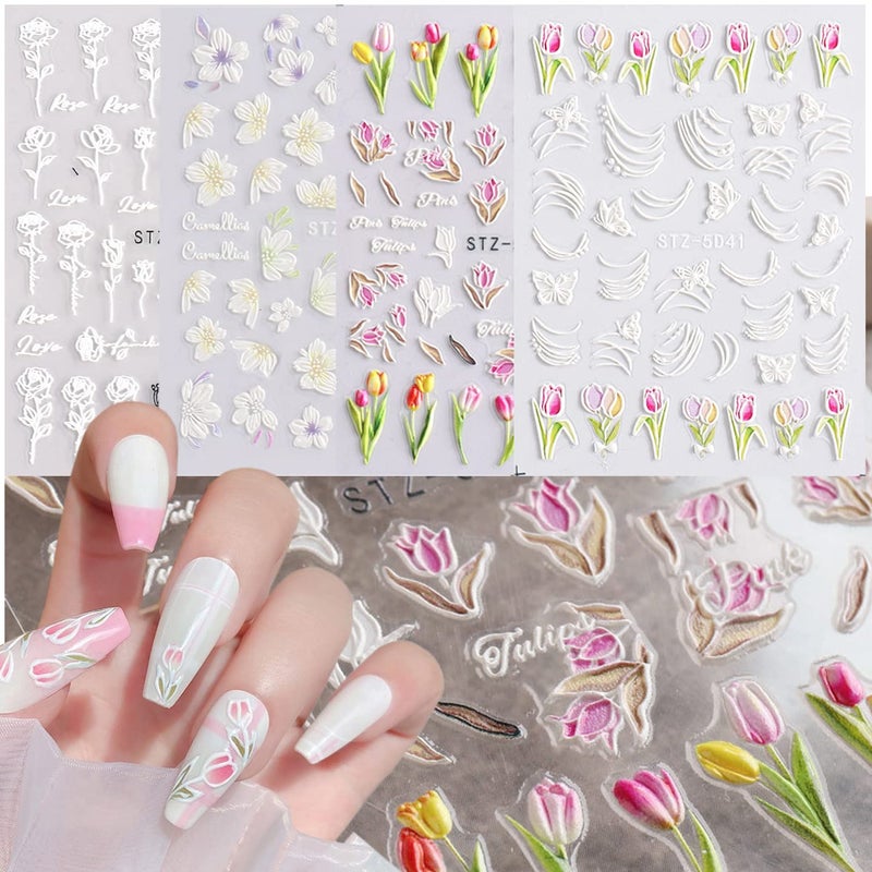 Tulip Flower Nail Art Stickers 5D Engraved Flowers Nail Art SelfAdhesive Sticker Supplies Spring Embossed Rose Floral Tulip Line Nail Transfer Decals for Women Girls Manicure Charms Decorations