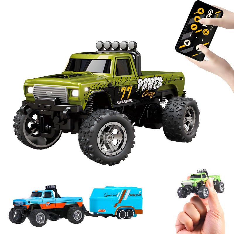 YKLWORLD Mini Monster Truck 164 Scale Remote Control Car with Lights 24GHz OffRoad RC Truck USB Rechargeable RC Car with Adjustable Speed for Kids Indoor Outdoor Racing Olive Green - Image 3