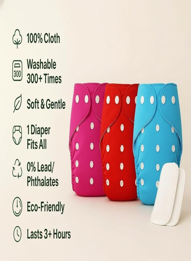 PENTOO Baby Cloth Diapers 0 to 3 Years | Side Leakage Proof Washable Reusable Diaper For New Born Baby Freesize Adjustable, Assorted 3(Pack of 3- Inserts Included) (Pink-Blue-Red) - Image 3