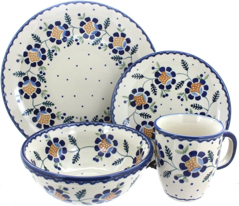 Blue Rose Pottery Blue Rose Polish Pottery Sunflower 4 Piece Place Setting  Service for 1 - Image 1