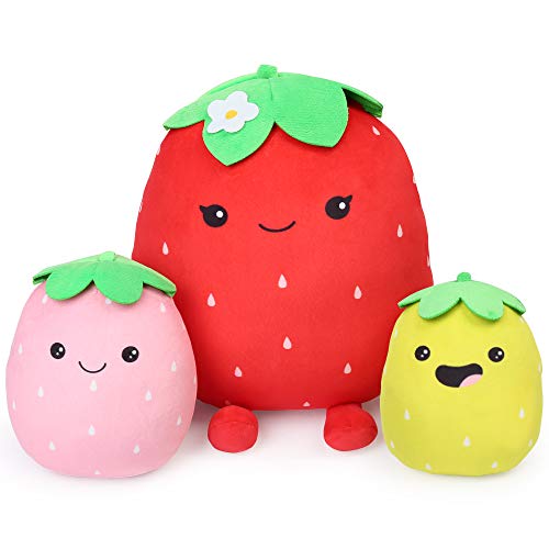 BenBen Strawberry Plush Toy, Set of 3, 12'', 7'' and 6'', Squishy Fruit Stuffed Plushies, Soft Hugging Cushion, Plush Pillow for Girls, Home Decorations, Easter Gifts - Image 1