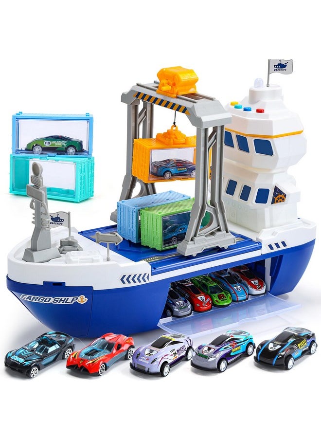 Cute Stone CUTE STONE Cargo Ship Toy & Gantry Crane, Toy Boat and Crane Playset with Sounds & Lights, Transport Containers, Push and Go Vehicle Cars, Kids Play Boats for Boys Girls  - Image 1
