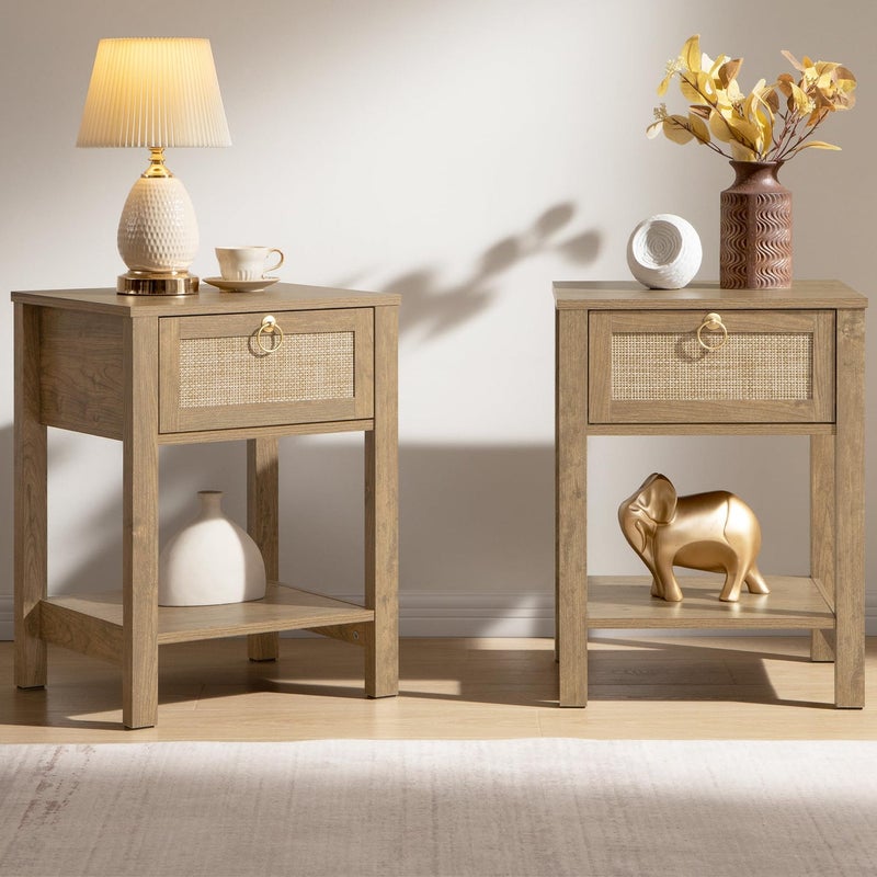 SICOTAS Nightstand Set of 2 Rattan Decor Drawer with Brass Knobs Night Stand Bedside Table Boho End Tables Side Tables with Storage Shelf for Bedroom Small Space