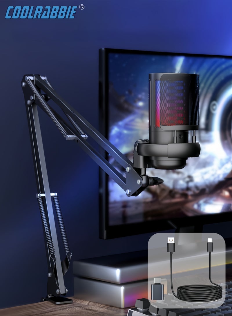 CoolRabbie Gaming Microphone With Boom Arm, USB PC Mic for Podcasts Videos, Streaming, Condenser Mic with Quick Mute, Tripod Stand, Pop Filter, RGB Indicator, Shock Mount, Rotate gain button, Compatible with PS4/PS5/PC - Image 1