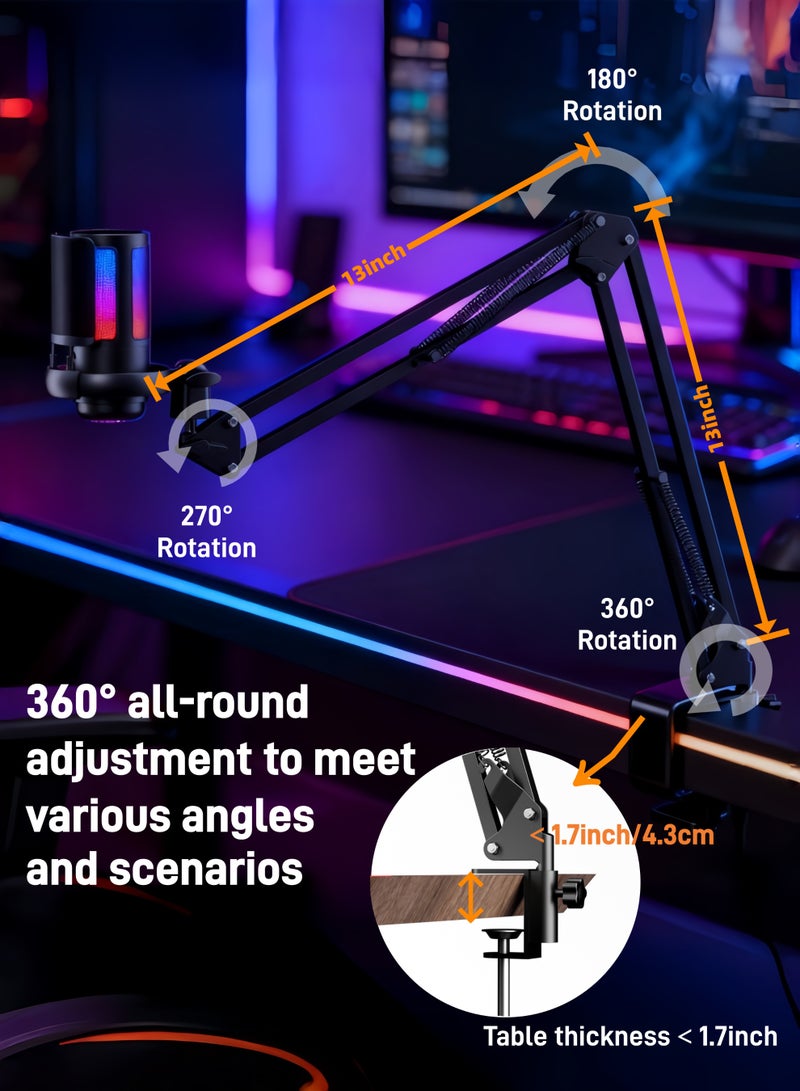 CoolRabbie Gaming Microphone With Boom Arm, USB PC Mic for Podcasts Videos, Streaming, Condenser Mic with Quick Mute, Tripod Stand, Pop Filter, RGB Indicator, Shock Mount, Rotate gain button, Compatible with PS4/PS5/PC - Image 2