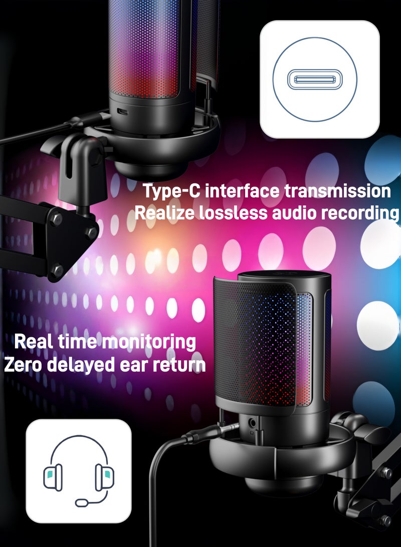 CoolRabbie Gaming Microphone With Boom Arm, USB PC Mic for Podcasts Videos, Streaming, Condenser Mic with Quick Mute, Tripod Stand, Pop Filter, RGB Indicator, Shock Mount, Rotate gain button, Compatible with PS4/PS5/PC - Image 3