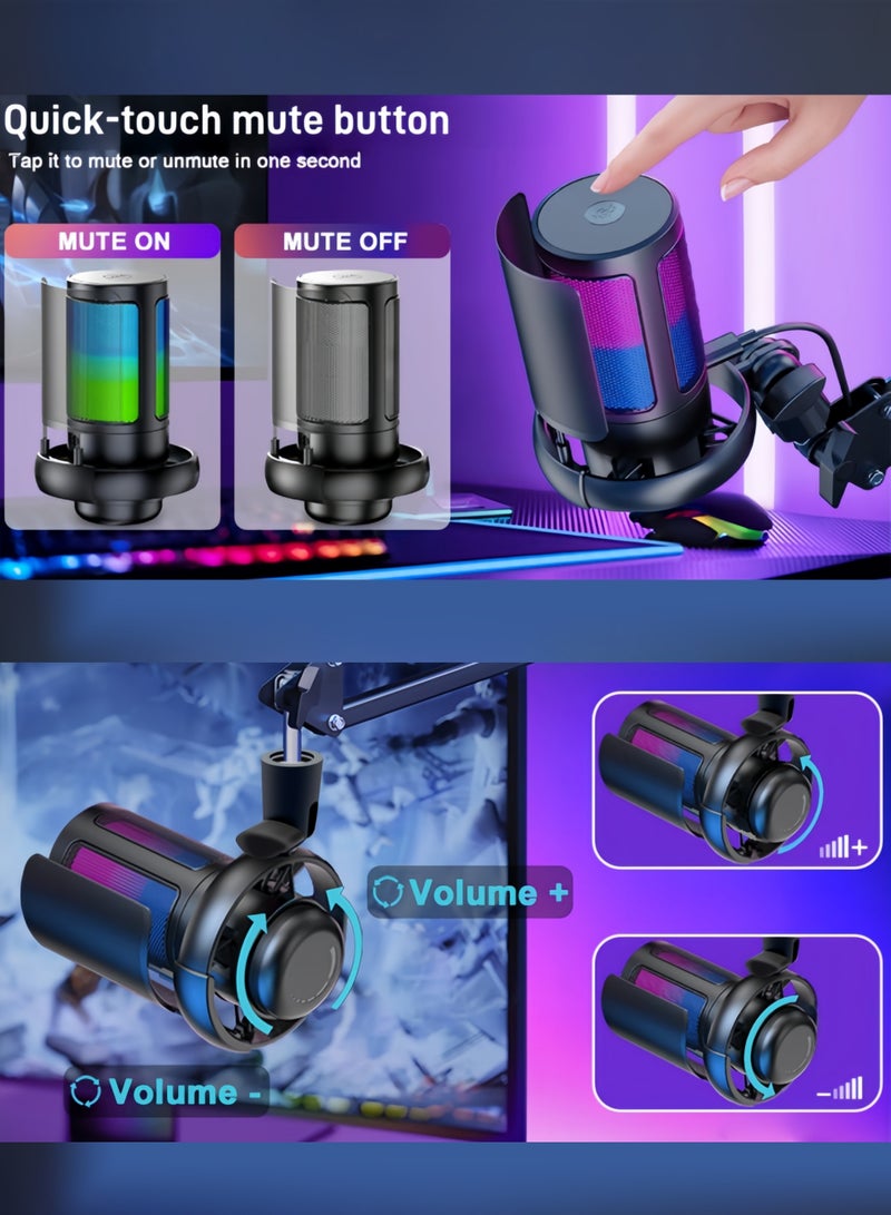 CoolRabbie Gaming Microphone With Boom Arm, USB PC Mic for Podcasts Videos, Streaming, Condenser Mic with Quick Mute, Tripod Stand, Pop Filter, RGB Indicator, Shock Mount, Rotate gain button, Compatible with PS4/PS5/PC - Image 4