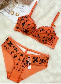 Comfy Printed Lace Bra And Panty Set Orange And Black Color Matching