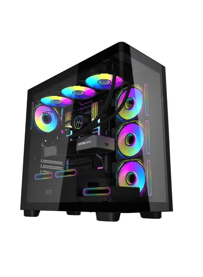 DS900G ATX Mid-Tower PC Case, Curved Tempered Glass, 0.5mm SPCC Steel, 7 PCI Slots, GPU Up to 425mm, CPU Cooler Up to 170mm, 2x HDD & 2x SSD, USB 3.0 & Type-C, Full Dust Filters, Multi-Fan & Radiator Support, Black