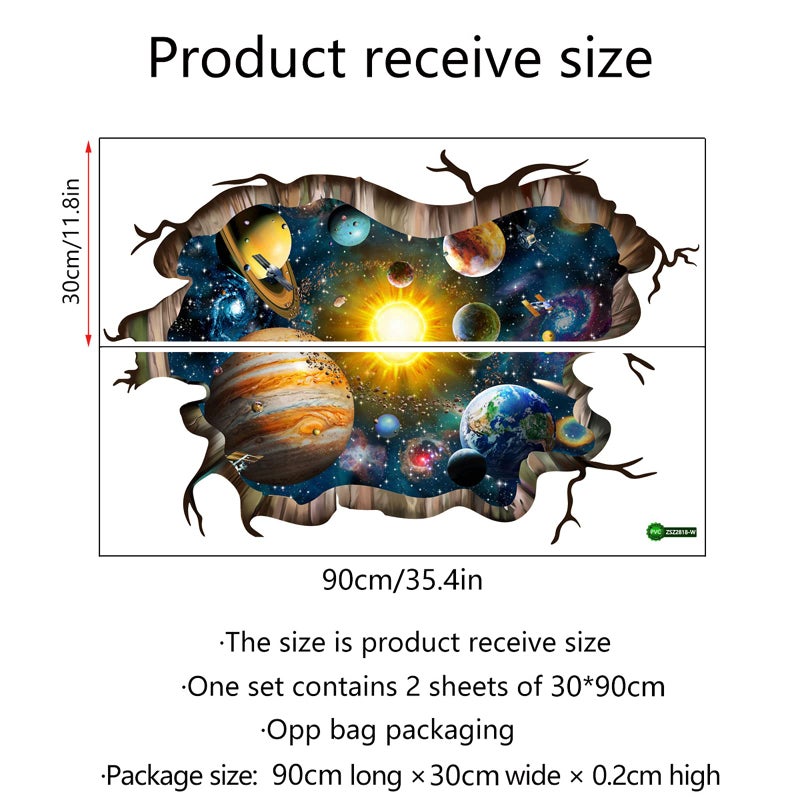 Sunshine smile 3D Broken Blue Cosmic Galaxy Wall Decals, Magic Milky Way Outer Space Planet Wall Stickers, Creative Stars and Solar System Wallpaper for Kids Boys Floor Ceiling Living Room Bedroom Home Decor - Image 2