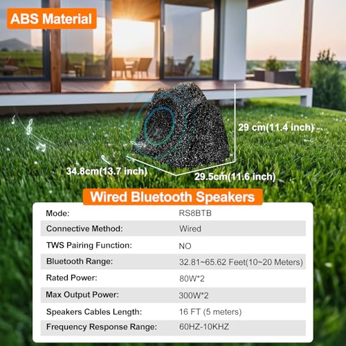 STUDIOFINIX 8" Outdoor Rock Bluetooth Speakers Waterproof Powerful 600 Watt Deep Bass All Weather Durable for Outdoor Garden Pool Patio Deck Porch BBQ (1 Pair) - Image 2
