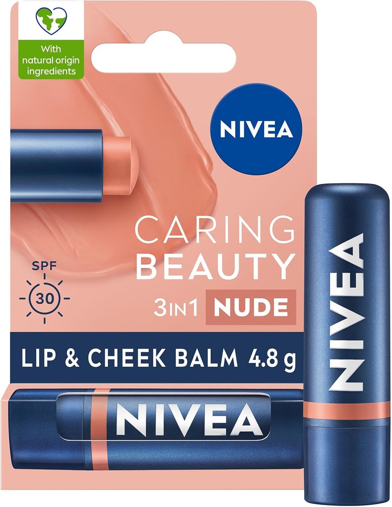 NIVEA Caring Beauty Nude Lip Balm SPF30 48g 3in1 Buttery Lip and Cheek Tint Rich Colour and 24H Moisturisation with SPF 30 Protection
