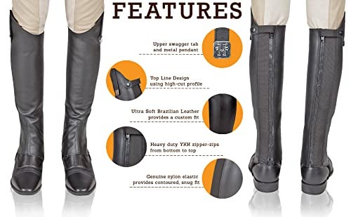 Huntley Equestrian 01007 Ultra Soft Custom Fit Along with Flexibility & Stability Premium Leather Half Chaps Maximum Grip & Durability Upper Swagger Tab & Metal Pendant - Black - Small - Image 5