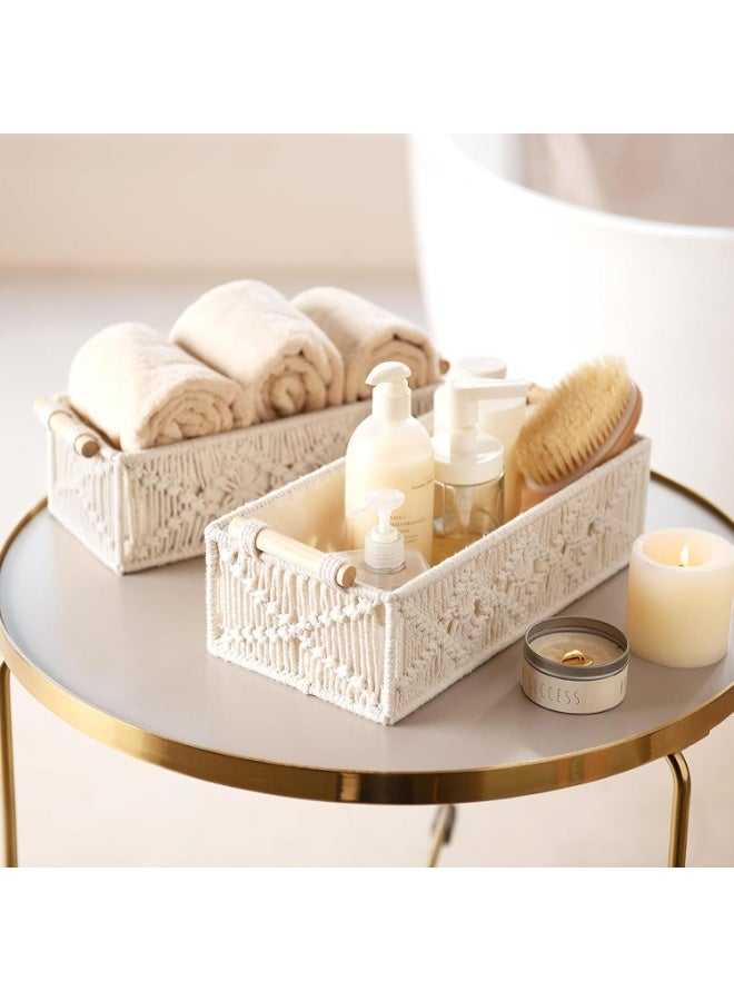 2 Pcs Boho Handwoven Macrame Storage Baskets, Ivory Cotton Organizer Bins with Lining & Handles, Decorative Woven Baskets for Bathroom Bedroom Living Room - Image 3