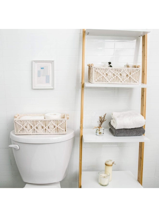2 Pcs Boho Handwoven Macrame Storage Baskets, Ivory Cotton Organizer Bins with Lining & Handles, Decorative Woven Baskets for Bathroom Bedroom Living Room - Image 5