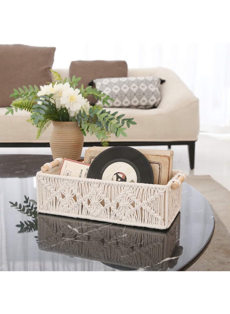 2 Pcs Boho Handwoven Macrame Storage Baskets, Ivory Cotton Organizer Bins with Lining & Handles, Decorative Woven Baskets for Bathroom Bedroom Living Room - Image 1