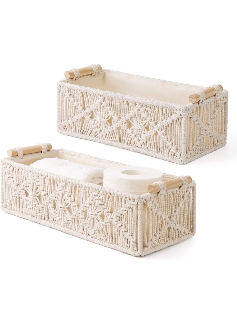 2 Pcs Boho Handwoven Macrame Storage Baskets, Ivory Cotton Organizer Bins with Lining & Handles, Decorative Woven Baskets for Bathroom Bedroom Living Room - Image 2